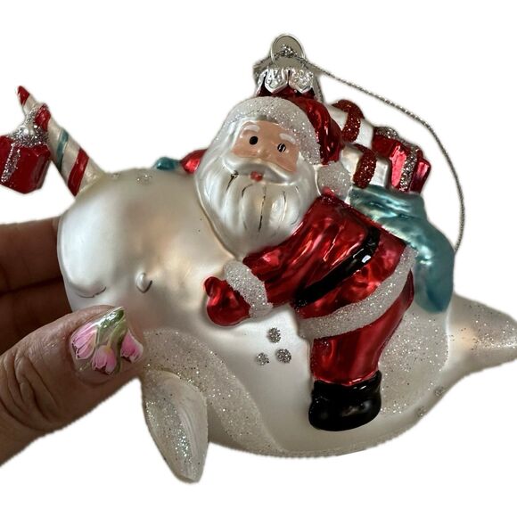 NWT Macy's Holiday Lane Glass Blown Santa Riding Narwal Christmas Ornament - Picture 1 of 4